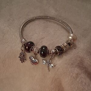 Silver Bracelet with Black and Silver Charms
